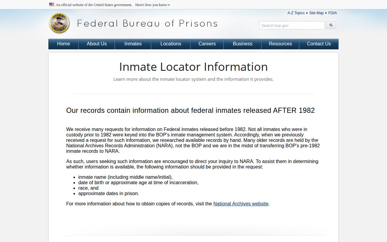 Federal Bureau of Prisons locator records guidance