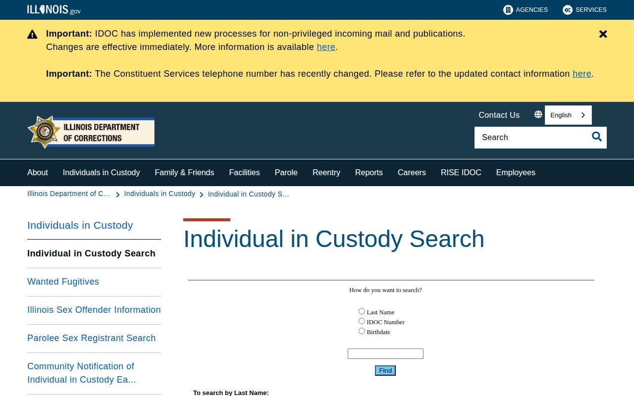 Illinois Department of Corrections offender search form