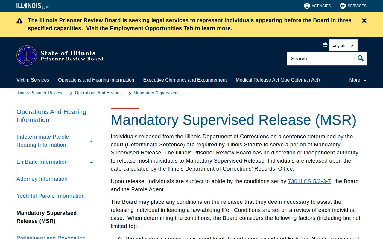Iroquois County parole and probation PRB mandatory supervised release page