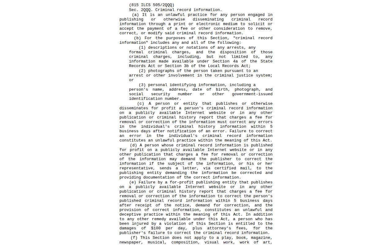 Illinois statute restricting payment demands for booking-photo removal